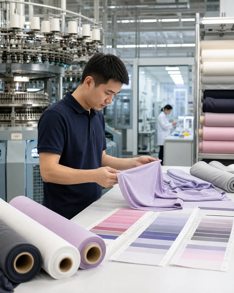 Dyed knitted stretch fabric reviewed against color standards