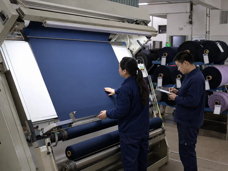Finished nylon spandex roll reviewed on the inspection machine before packing